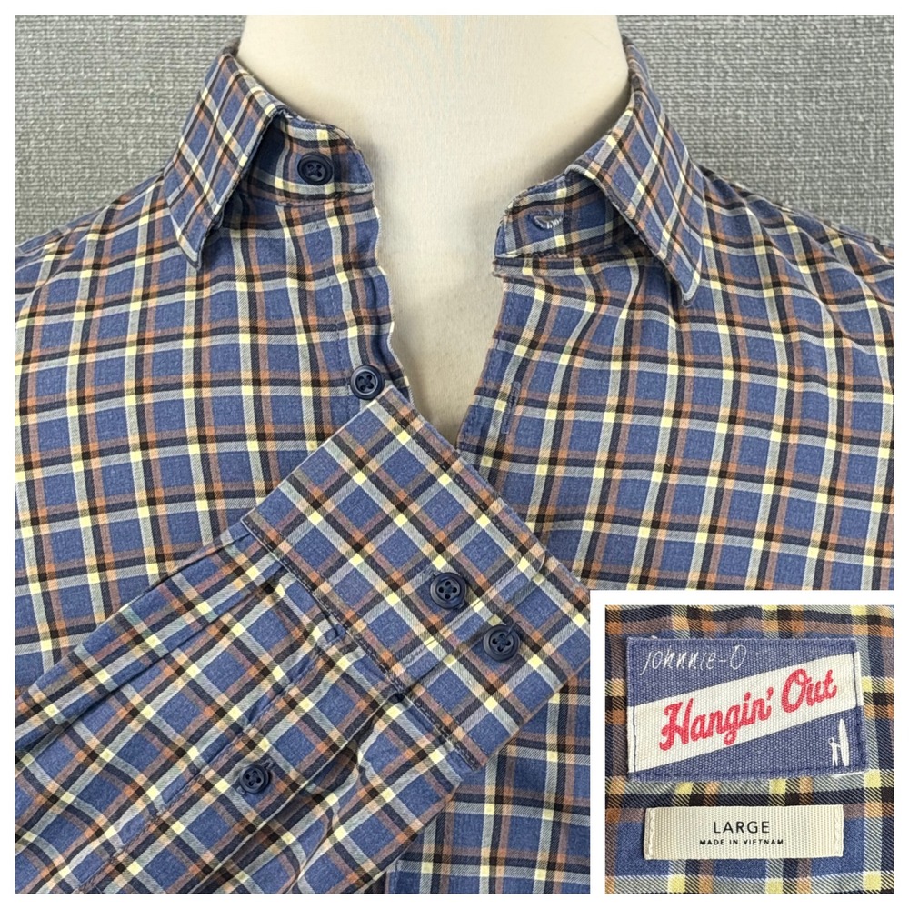 johnnie-O‎ Hangin Out Mens Large Blue Brown Plaid Long Sleeve Button Down Shirt